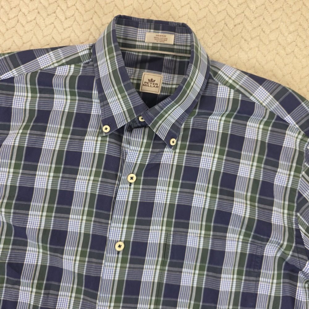 Peter Millar Mens Medium Blue Green Plaid Cotton Button Down Shirt Long Sleeve